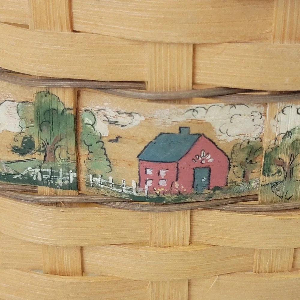 VTG 1992 Handwoven Basket Signed Artisan Farmhouse Decor Painted Scene Woven